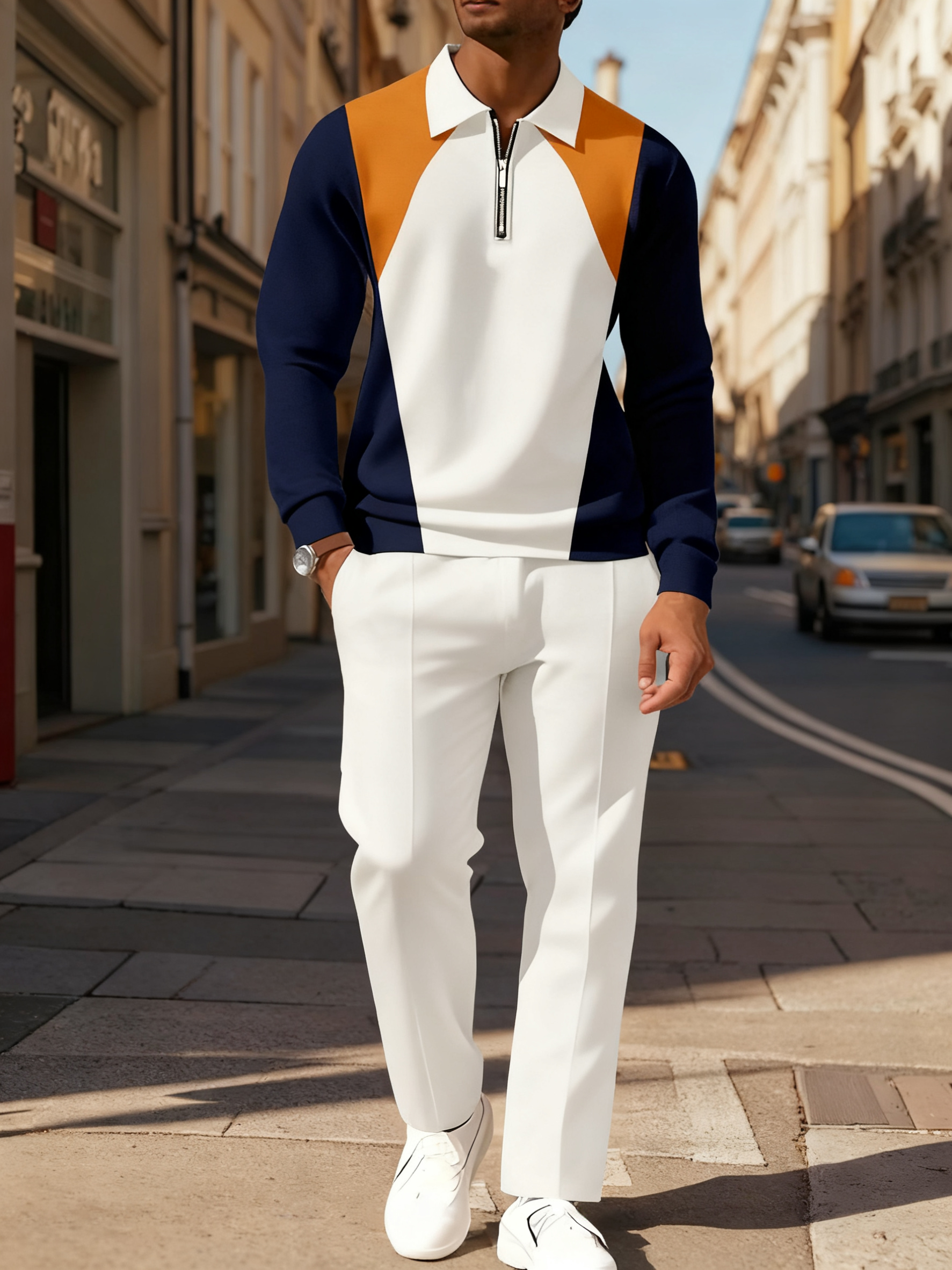 Men's Casual Colorblock Personalized Long Sleeve Polo Shirt Set 107