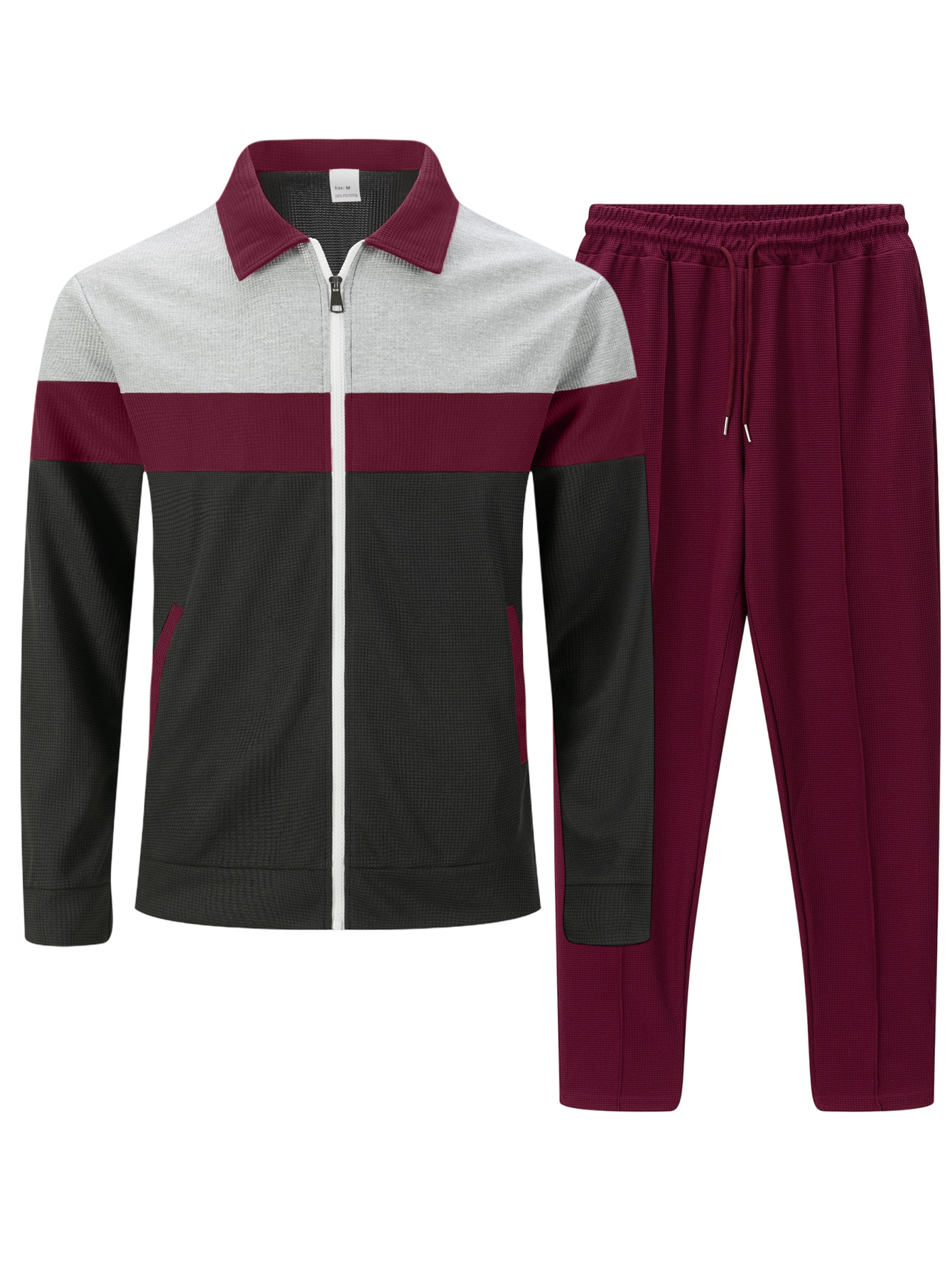 Men's Casual Color Matching Lapel-Collar Zipper Long Sleeved Jacket & Trousers Two-Piece Set