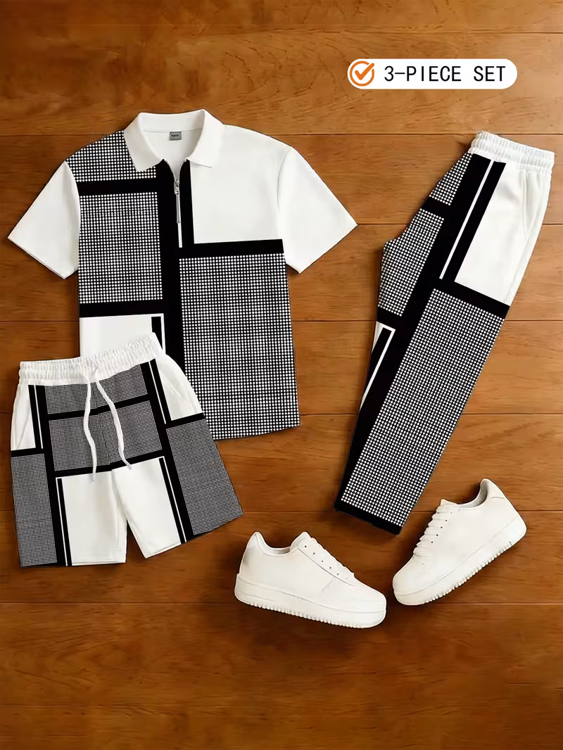Men's Casual 3-Piece Set Including A Half-Zip Short-Sleeved Shirt, Shorts, And Trousers