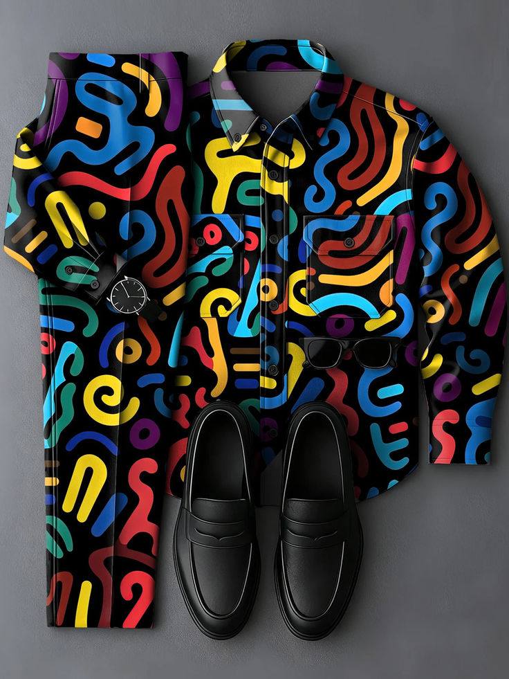 Men's Casual Black & Multi Color Matching Gradient Art Printed Long Sleeved Shirt & Trousers Two-Piece Set