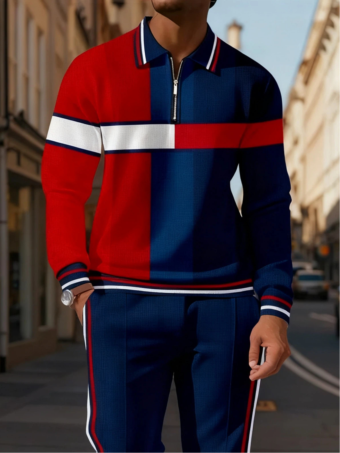 Men's Casual Colorblock Personalized Long Sleeve Polo Shirt Set  0029