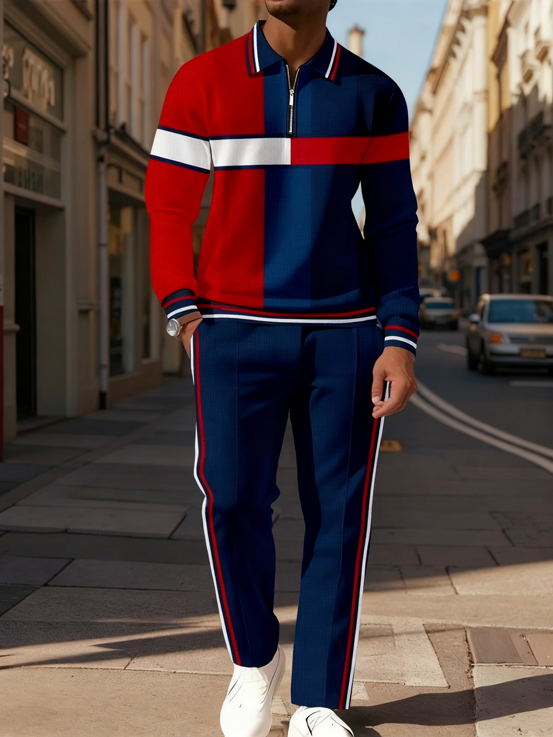 Men's Casual Colorblock Personalized Long Sleeve Polo Shirt Set  0029