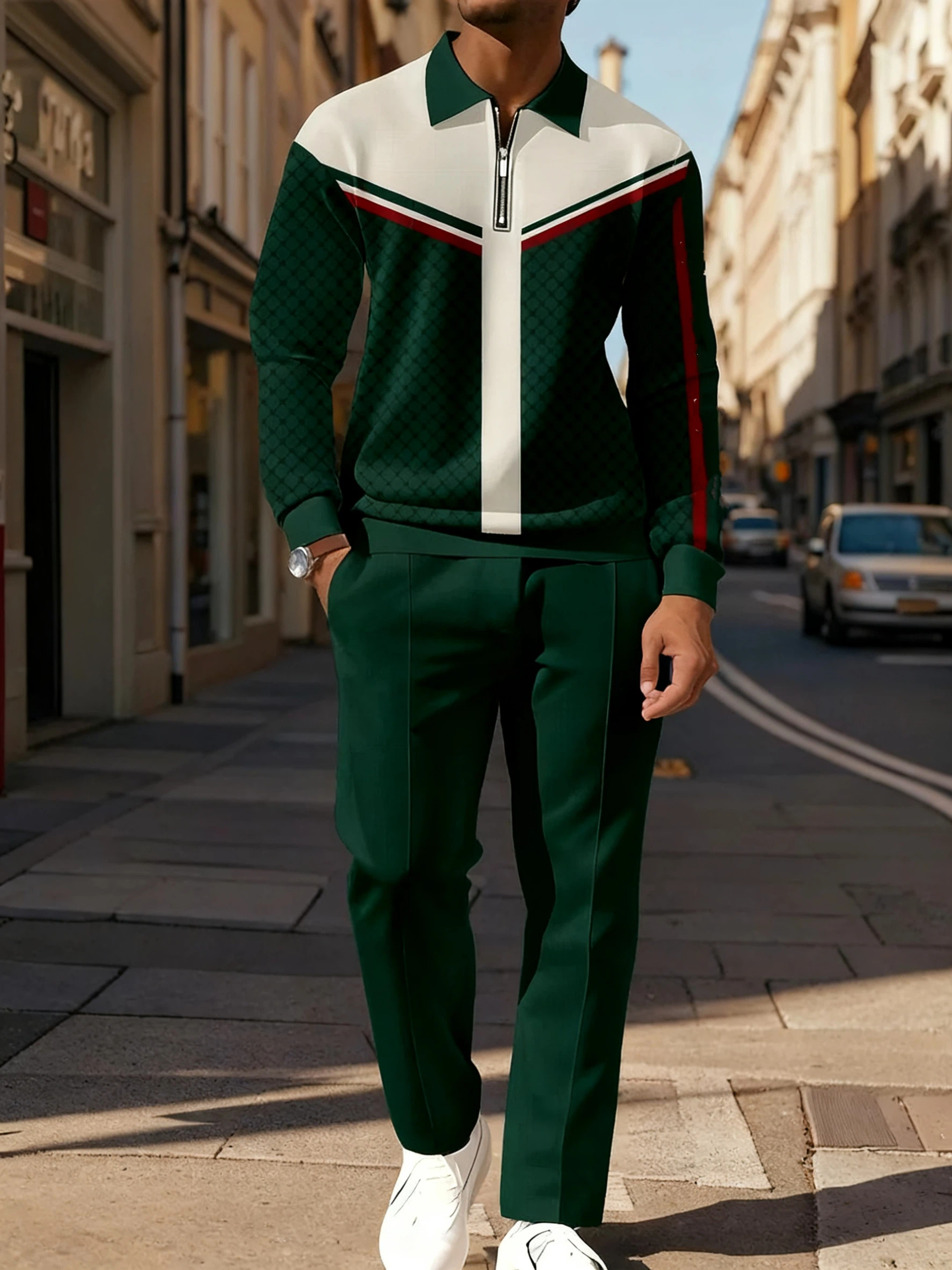 Men's Casual Colorblock Personalized Long Sleeve Polo Shirt Set  002