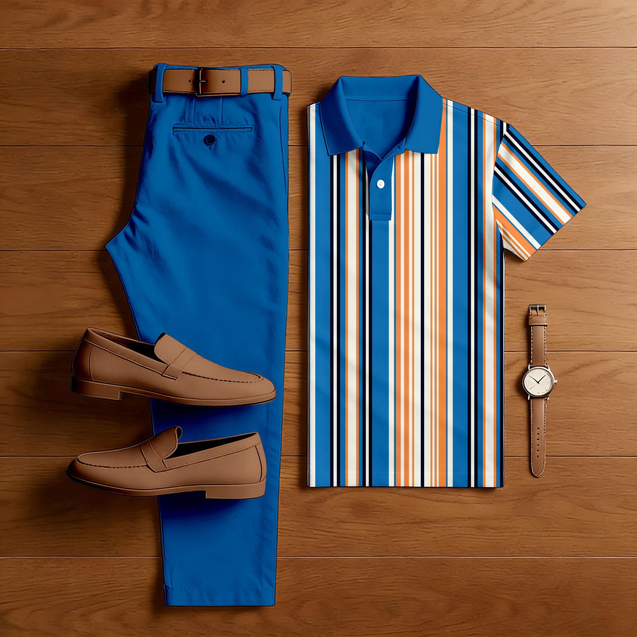 Men's Casual Blue & White Color Matching Striped Printed Short Sleeved Polo Shirt & Trousers Two-Piece Set