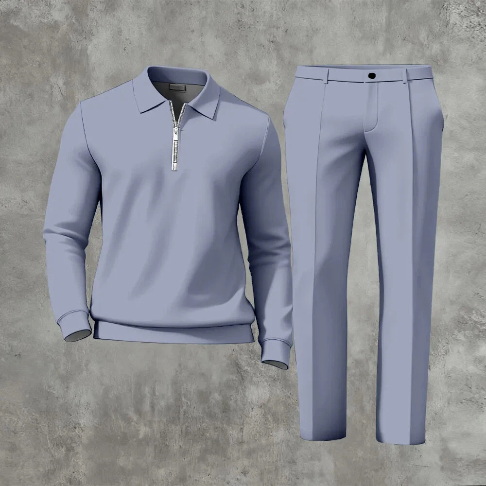 Men's Casual Color Matching Printed Polo-Collar Zipper Long Sleeved Trousers Two-Piece Set