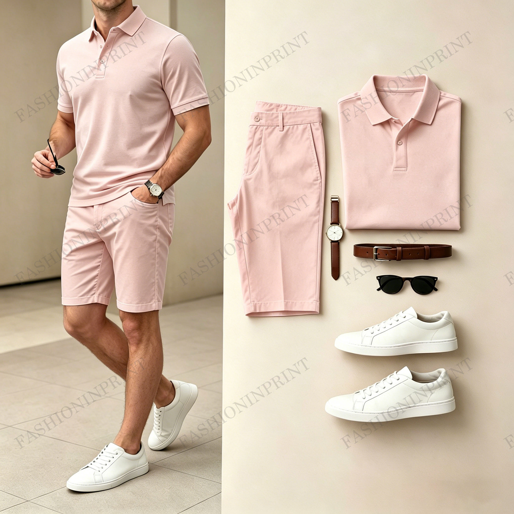 Men's Casual Solid Pink Polo Shirt And Shorts Two-Piece Set (Does Not Include Watch, Belt, Or Accessories) 207473