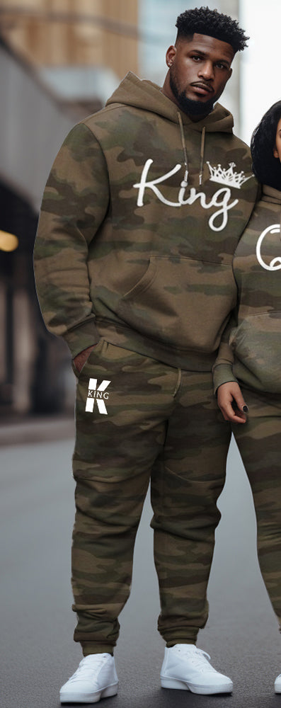Couple Big and Tall Casual Outfit Camouflage Graffiti King Queen Hoodie Set
