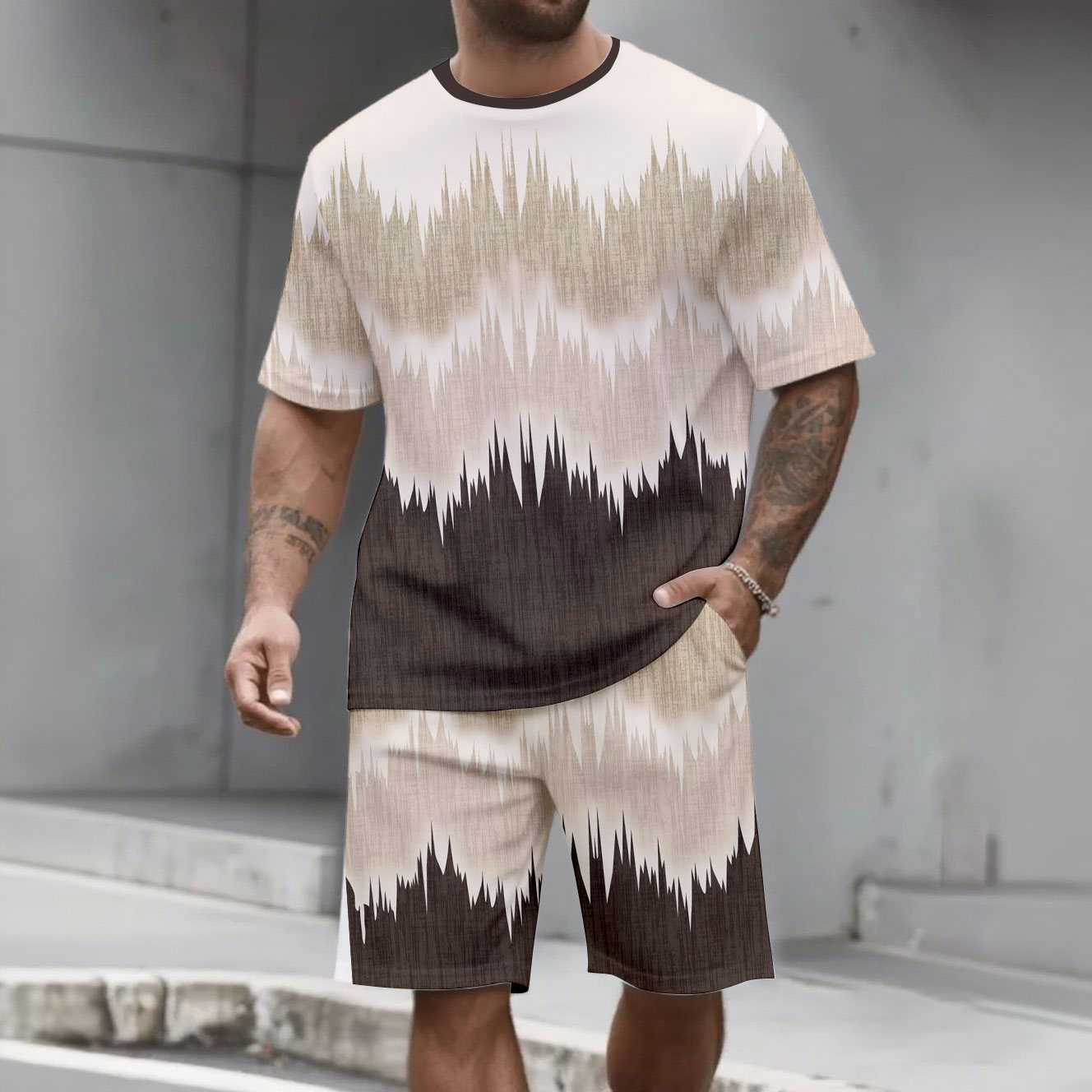 Men's Fashion Casual Color Matching Printed Short-Sleeved Two-Piece Set