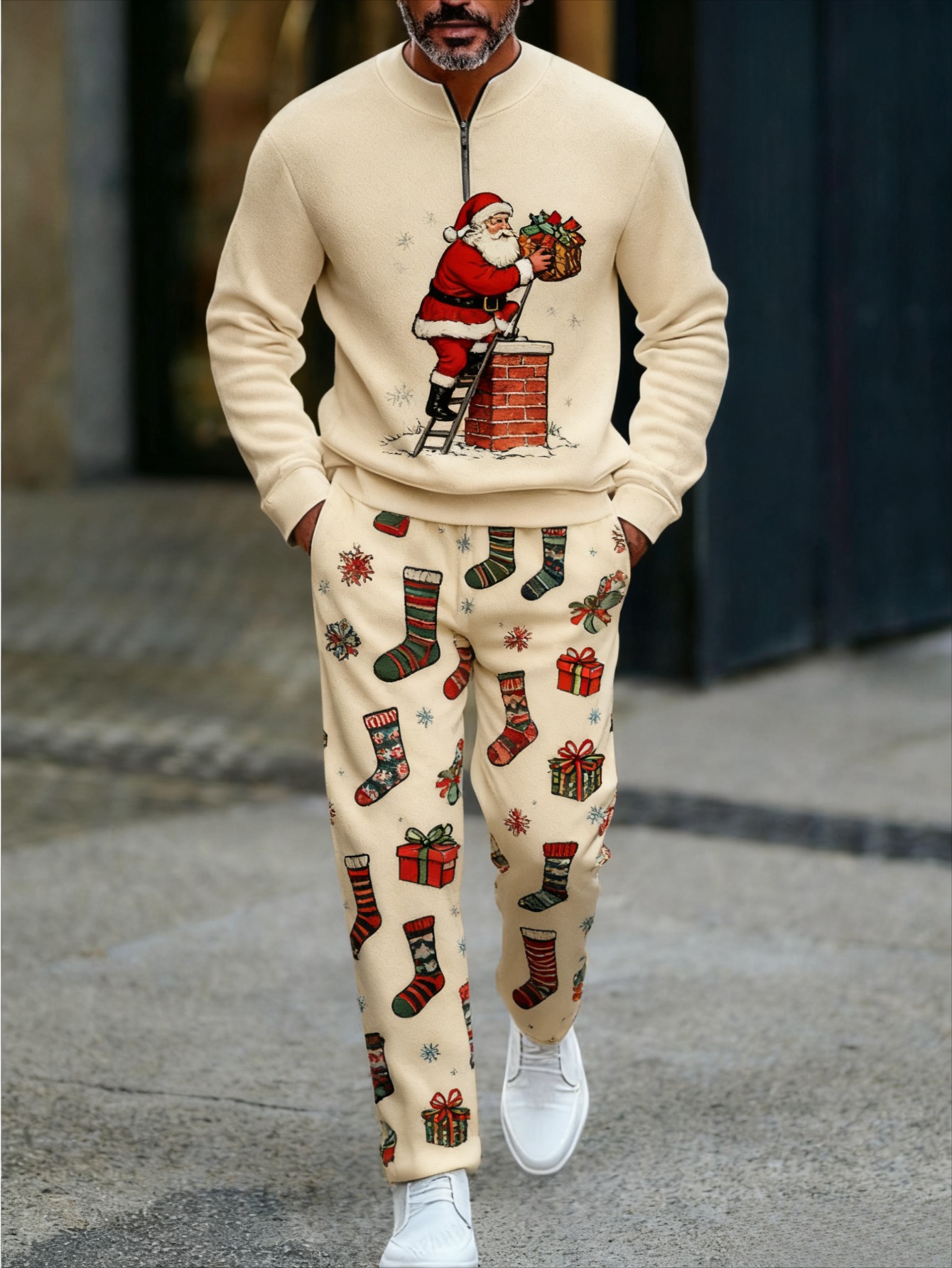 Men's Christmas Printed Round-Neck Zipper Long Sleeved Trousers Two-Piece Set