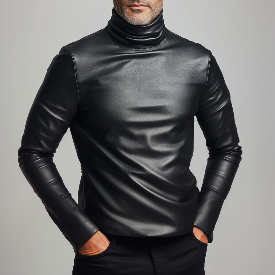 Men's Solid High Neck Long Sleeve PU Leather Base Shirt