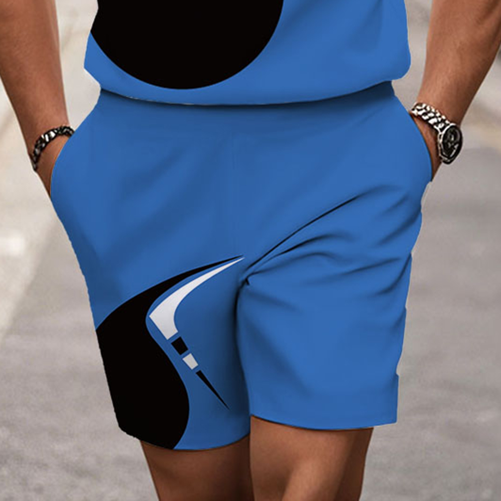 Men's Fashion Casual Round-Neck Geometric Printed Short-Sleeved Two-Piece Set