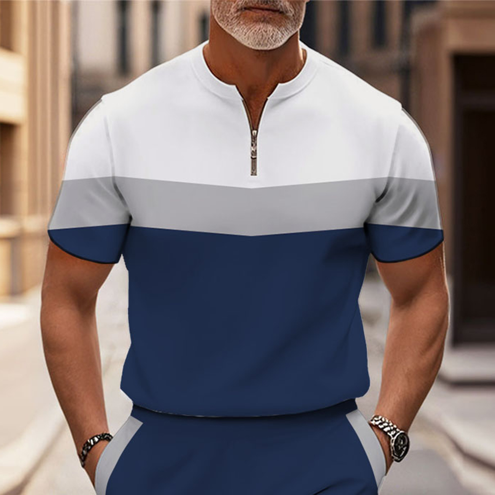 Men's Fashion Casual Round-Neck Geometric Printed Short-Sleeved Two-Piece Set