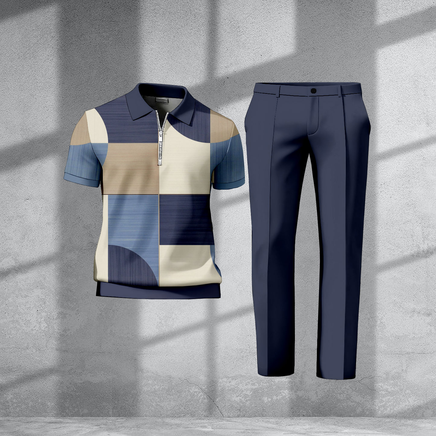 Men's Casual Navy Blue & Khaki Color Matching Geometric Printed Zipper Short Sleeved Polo Shirt & Trousers Two-Piece Set