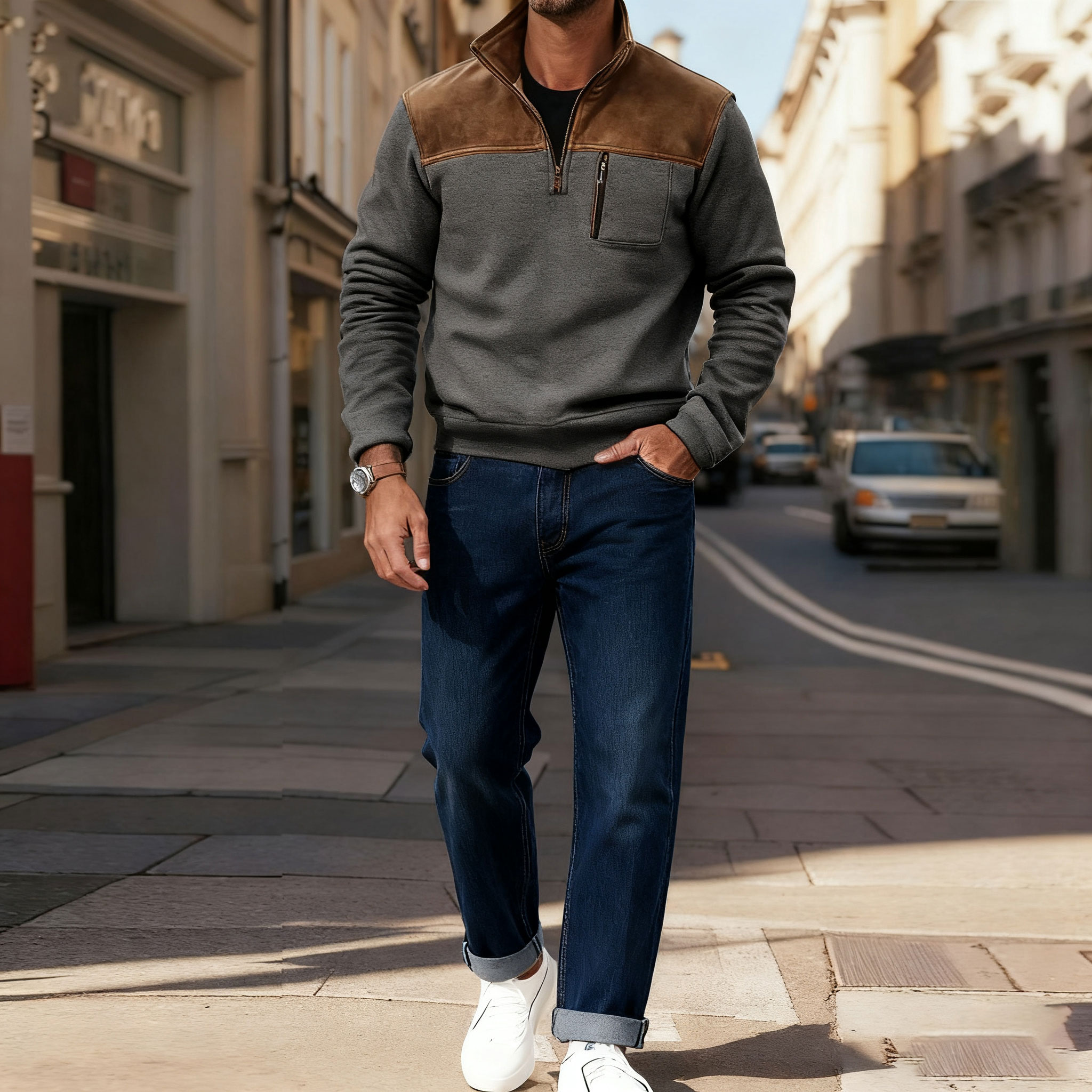 Men's Casual Color Matching Printed Stand-Collar Zipper Long Sleeved Sweatshirt