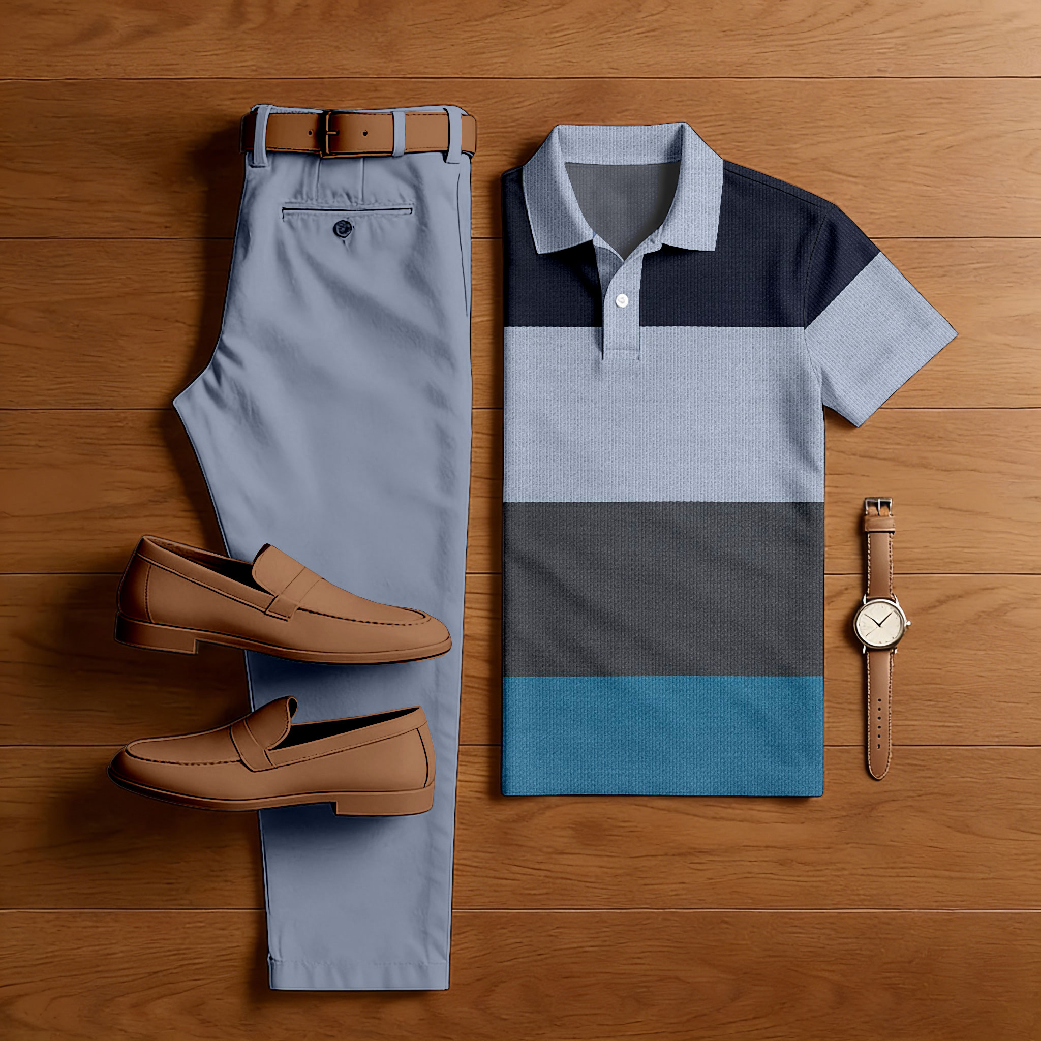 Men's Casual Gray Blue Color Matching Printed Short Sleeved Polo Shirt & Trousers Two-Piece Set