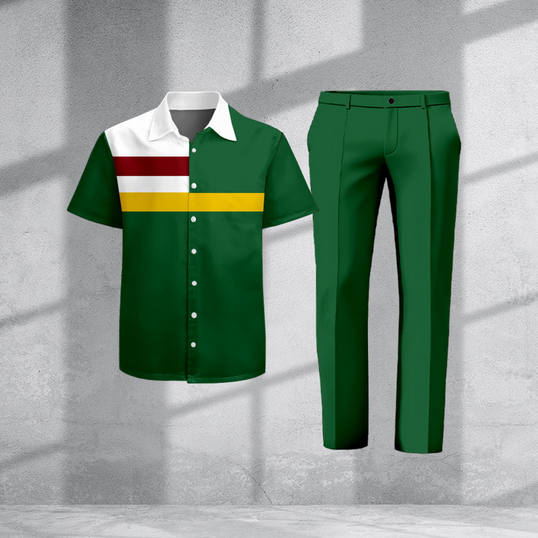 Men's Casual Geometric Color Block Print Short-Sleeve Shirt And Pants Two-Piece Set