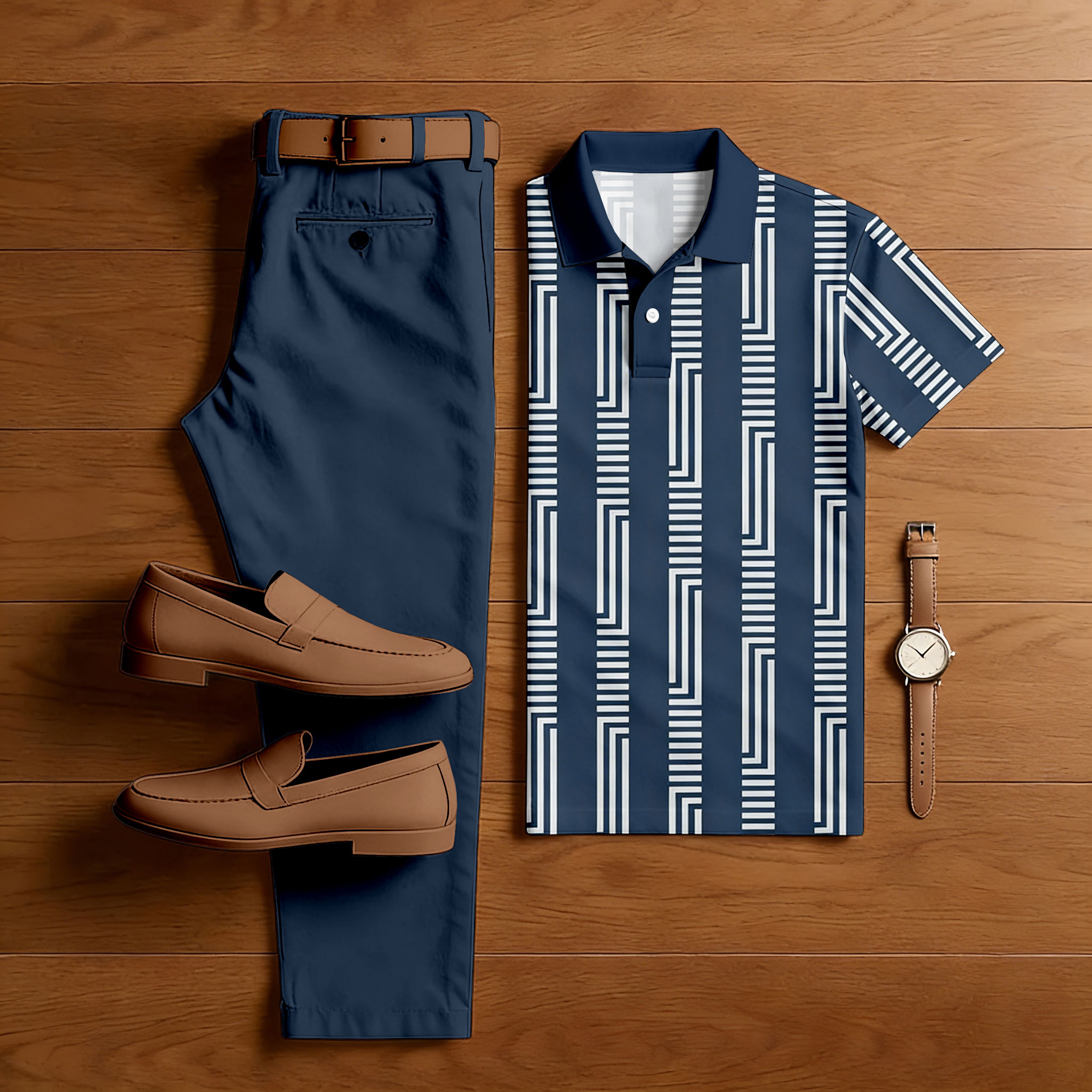 Men's Casual Navy Blue & White Color Matching Geometric Printed Short Sleeved Polo Shirt & Trousers Two-Piece Set