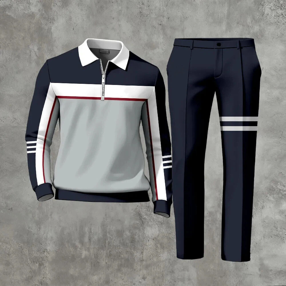 Men's  Matching Printed Polo-Collar Zipper Long Sleeved Trousers Two-Piece Set