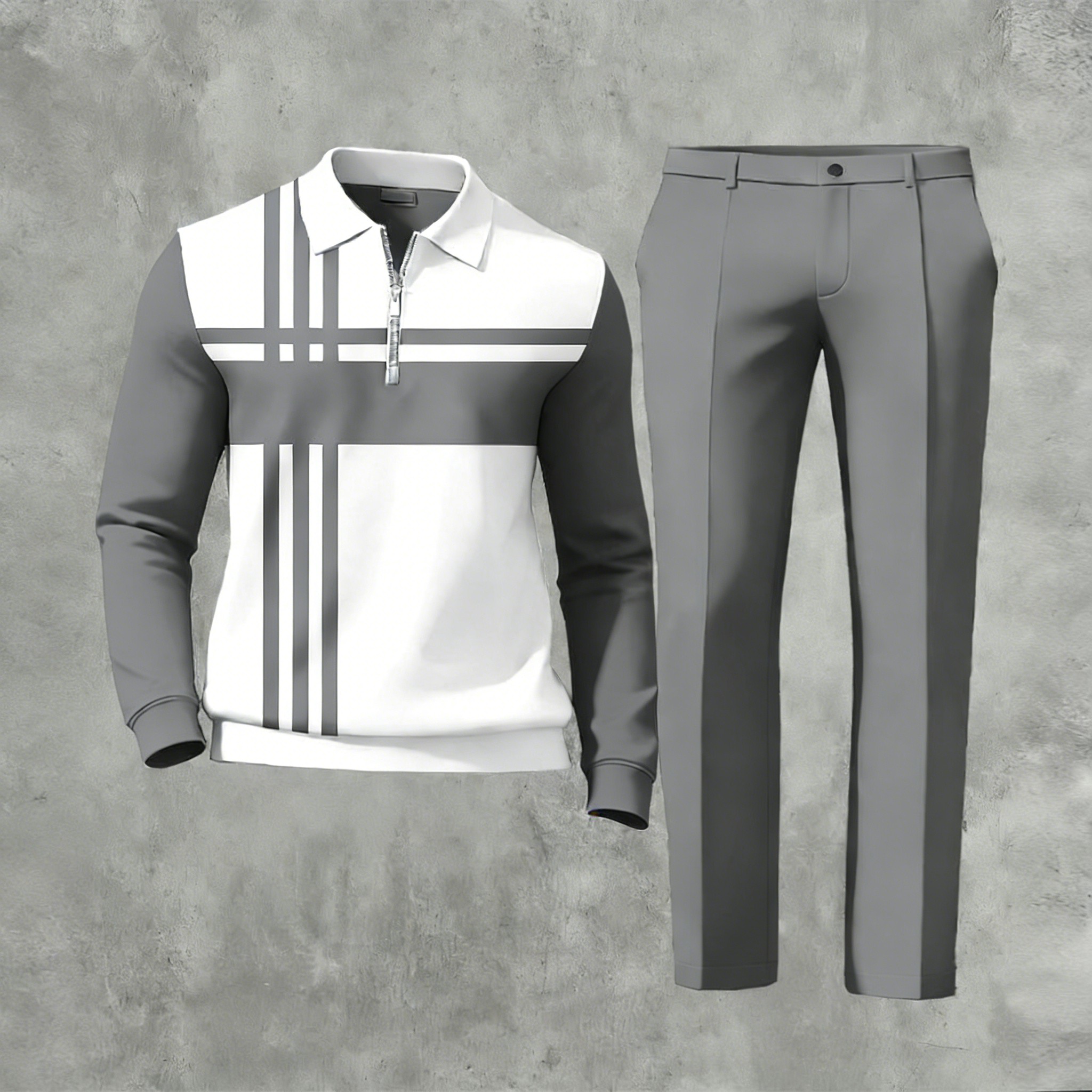 Men's Casual Multi Color Matching Geometric Printed Zipper Long Sleeved Polo Shirt & Trousers Two-Piece Set