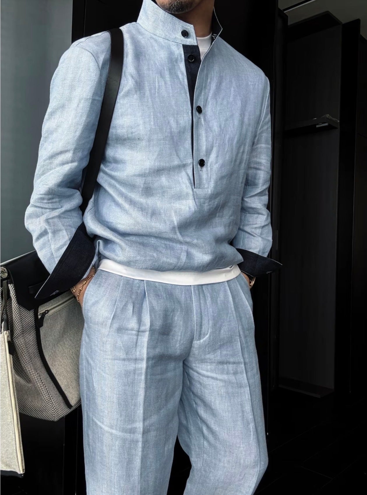 Premium Linen Mandarin Collar Suit