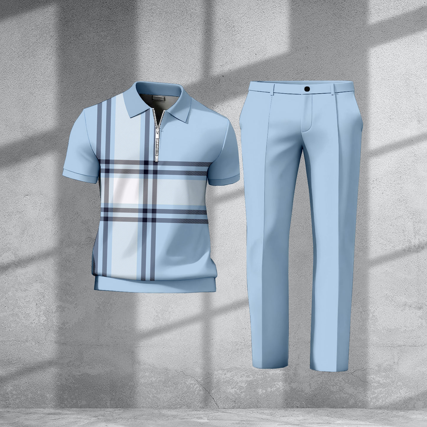 Men's Casual Light Blue Color Matching Geometric Printed Zipper Short Sleeved Polo Shirt & Trousers Two-Piece Set