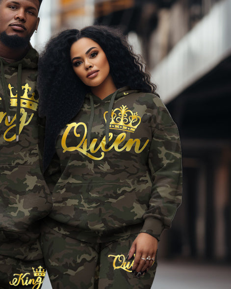 Couple's Big & Tall Casual Retro Queen/King Camouflage Hoodie Set
