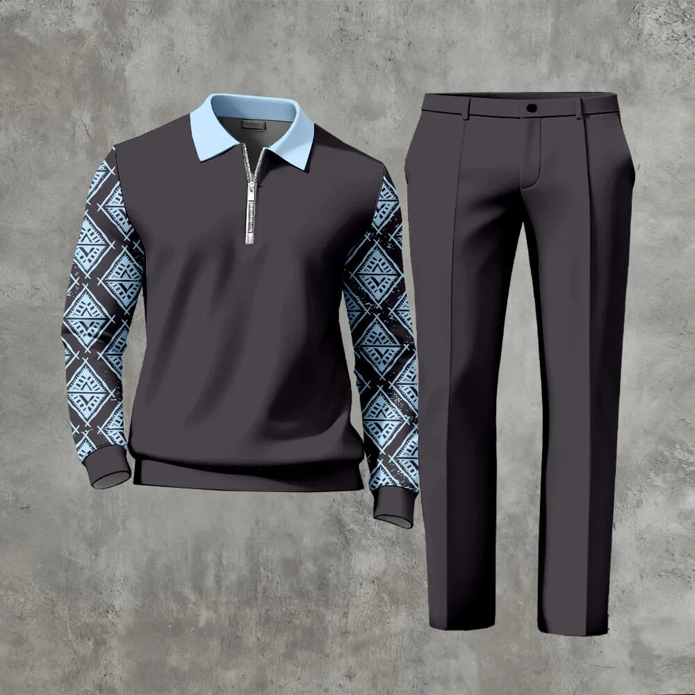 Men's Casual Color Matching Printed Polo-Collar Zipper Long Sleeved Trousers Two-Piece Set