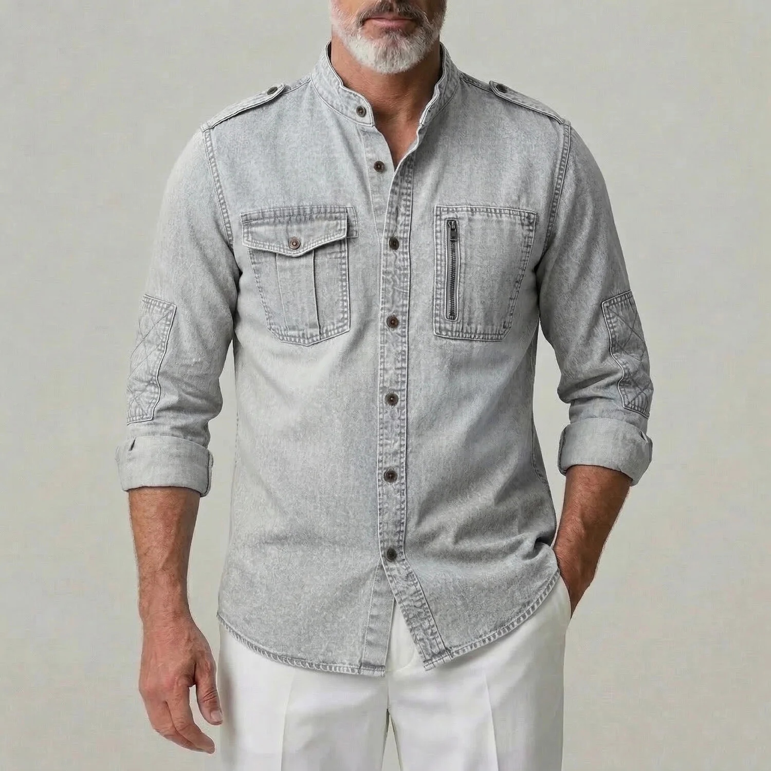 Men's Casual Solid Buttons Utility Pockets Stand Collar Light Gray Long Sleeve Shirt