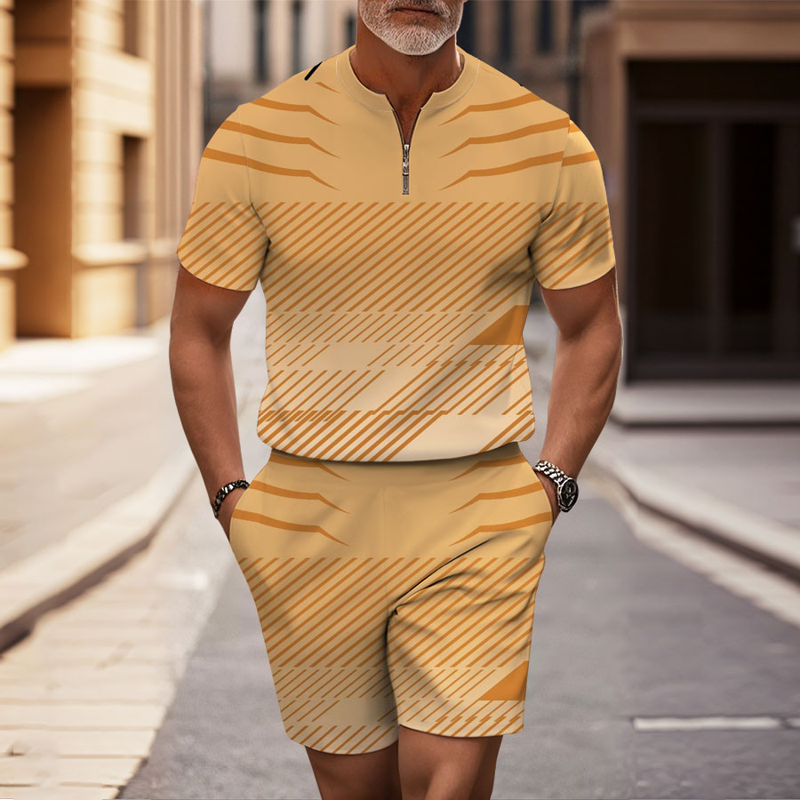 Men's Fashion Casual Round-Neck Geometric Printed Short-Sleeved Two-Piece Set