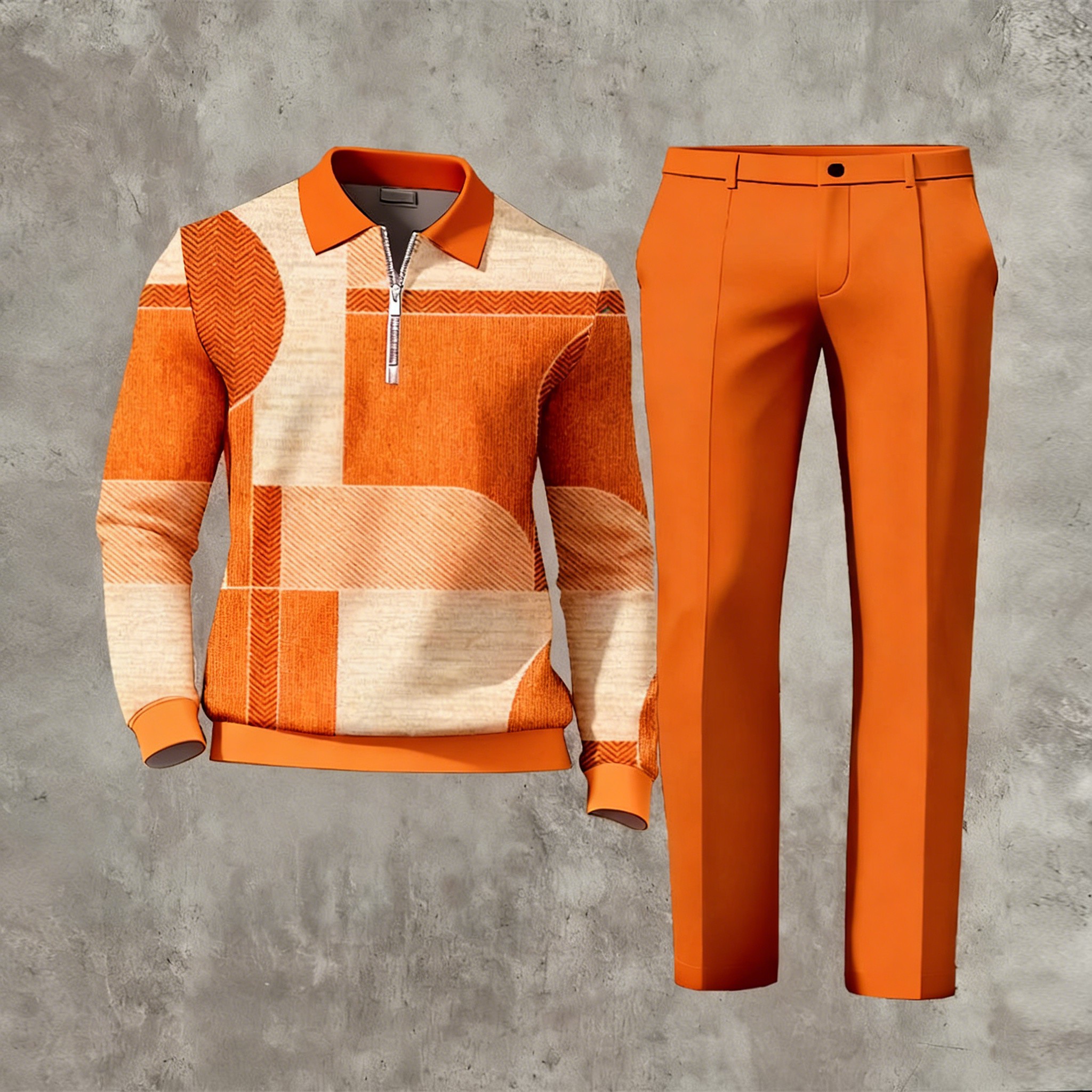Men's Casual Multi Color Matching Geometric Printed Zipper Long Sleeved Polo Shirt & Trousers Two-Piece Set