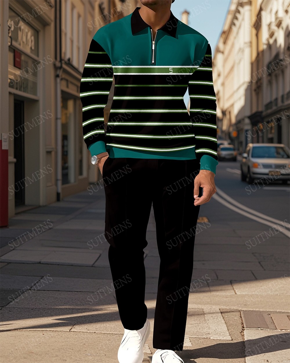 Men's Casual Colorblock Personalized Long Sleeve Polo Shirt Set  0015