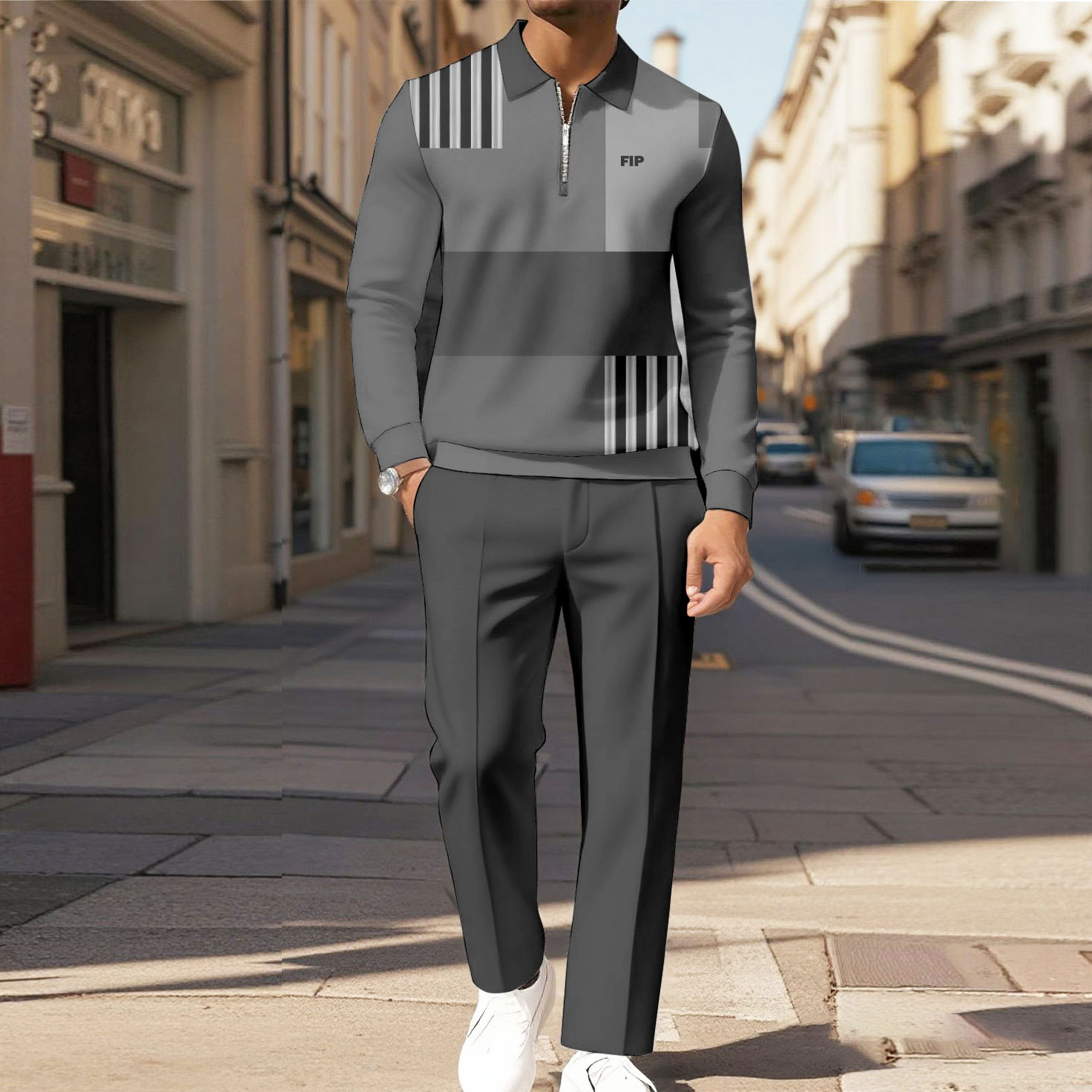 Men's Casual Color Matching Printed Polo-Collar Zipper Long Sleeved Trousers Two-Piece Set 1031