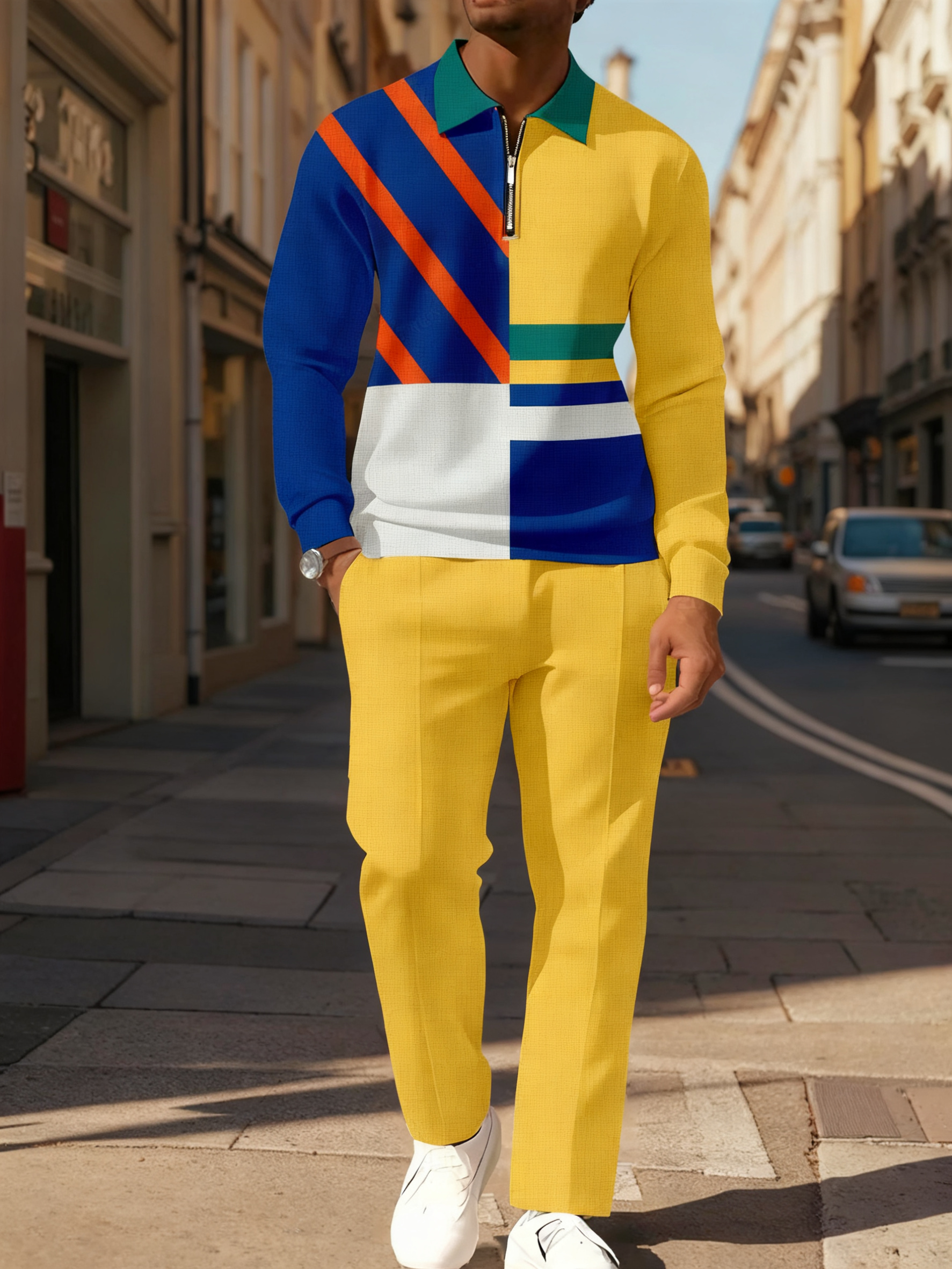 Men's Casual Colorblock Personalized Long Sleeve Polo Shirt Set 110