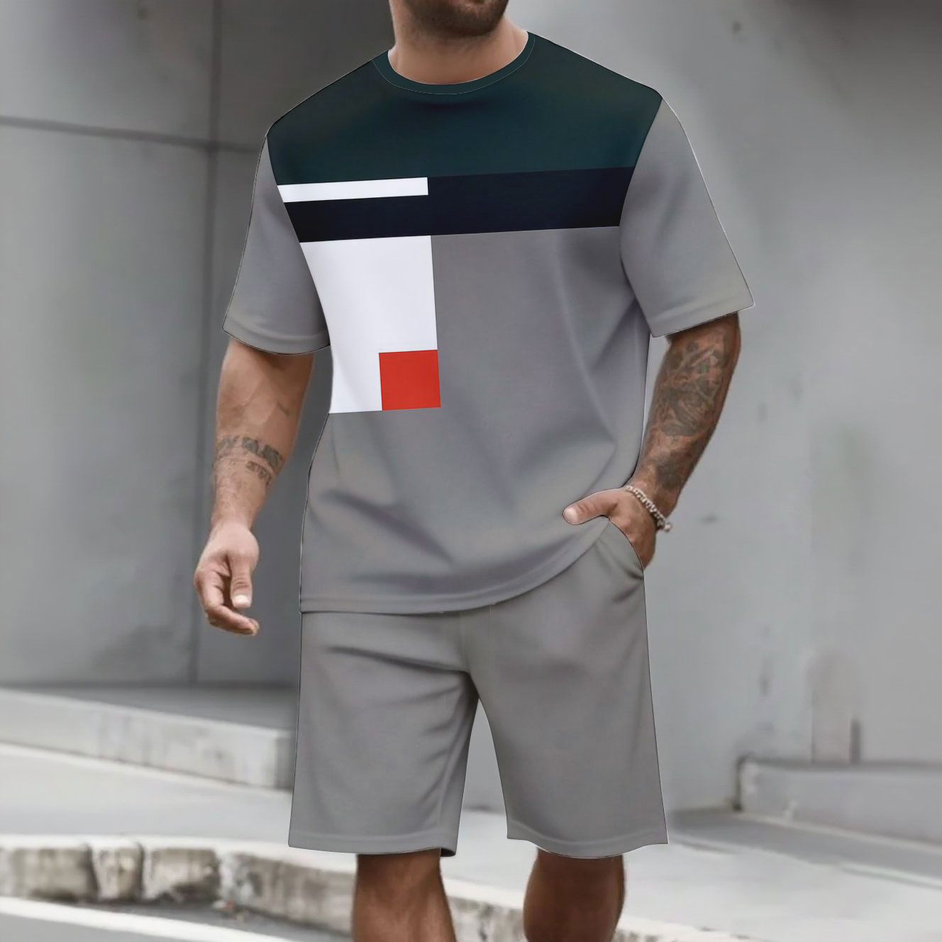 Men's Fashion Casual Color Matching Printed Short-Sleeved Two-Piece Set