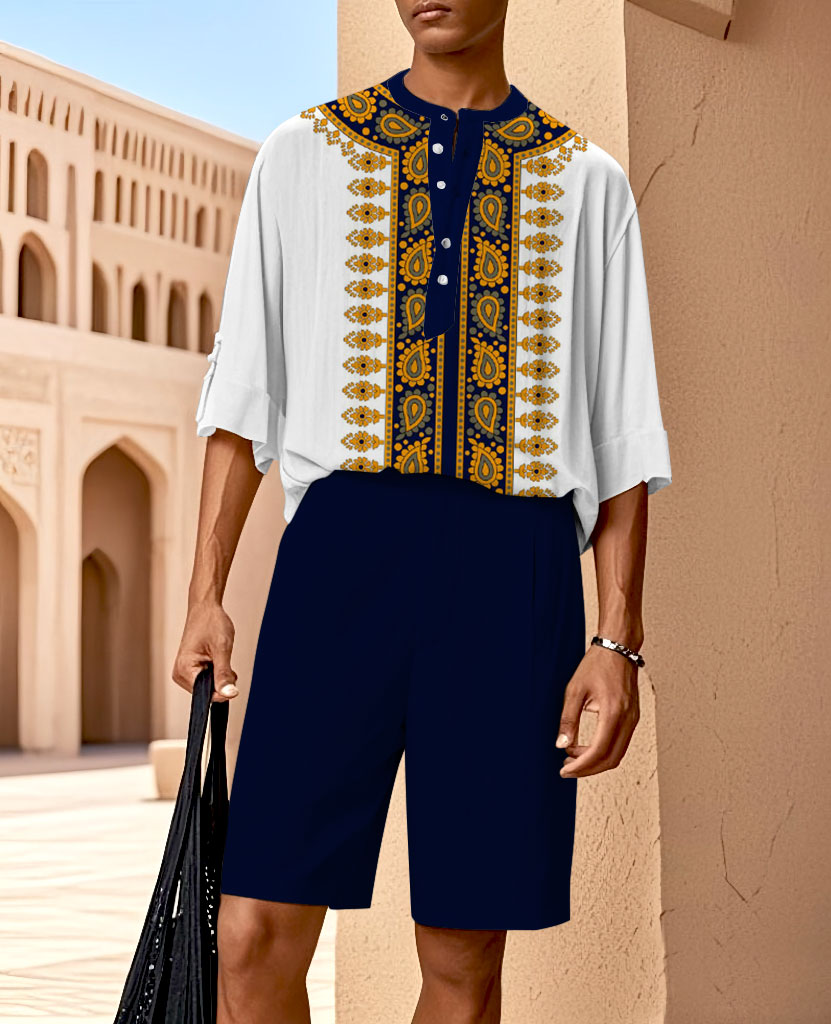 Business Casual Loose Short Sleeve Henley Collar Shirt And Elastic Waist Straight Leg Shorts Set