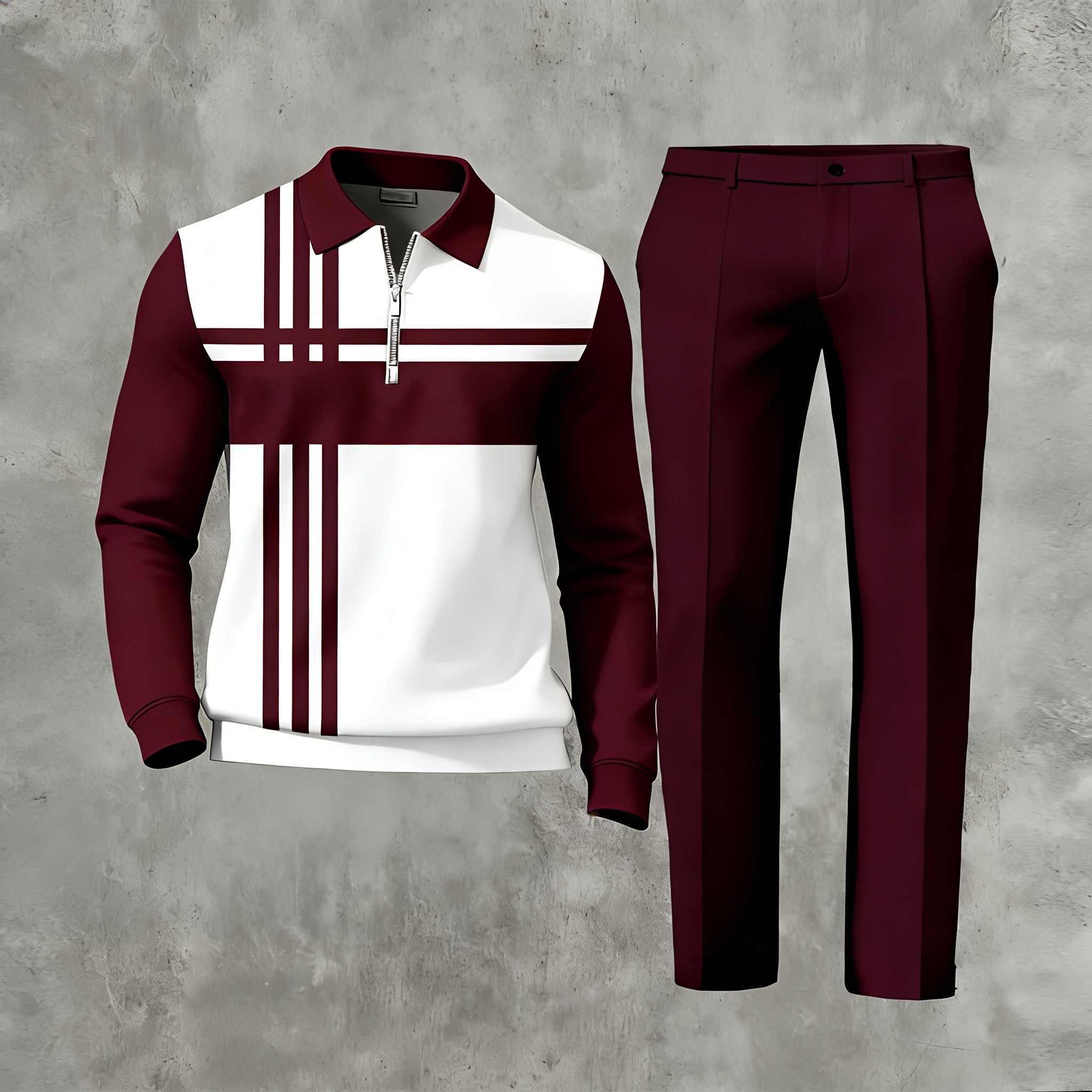 Men's Casual Multi Color Matching Geometric Printed Zipper Long Sleeved Polo Shirt & Trousers Two-Piece Set