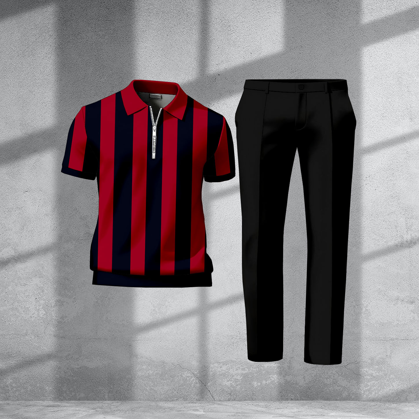 Men's Casual Red & Black Color Matching Striped Printed Zipper Short Sleeved Polo Shirt & Trousers Two-Piece Set