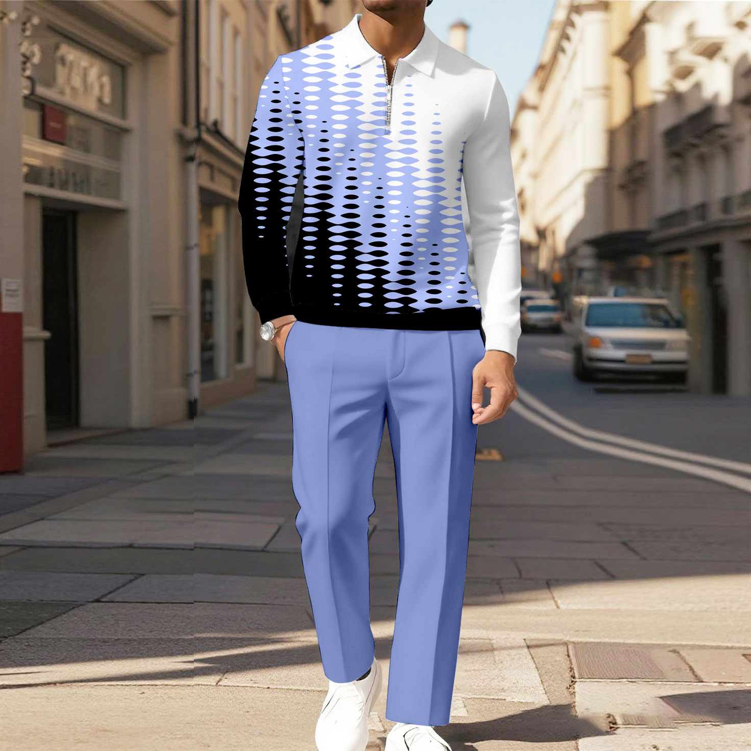 Men's Casual Color Matching Printed Polo-Collar Zipper Long Sleeved Trousers Two-Piece Set 1011