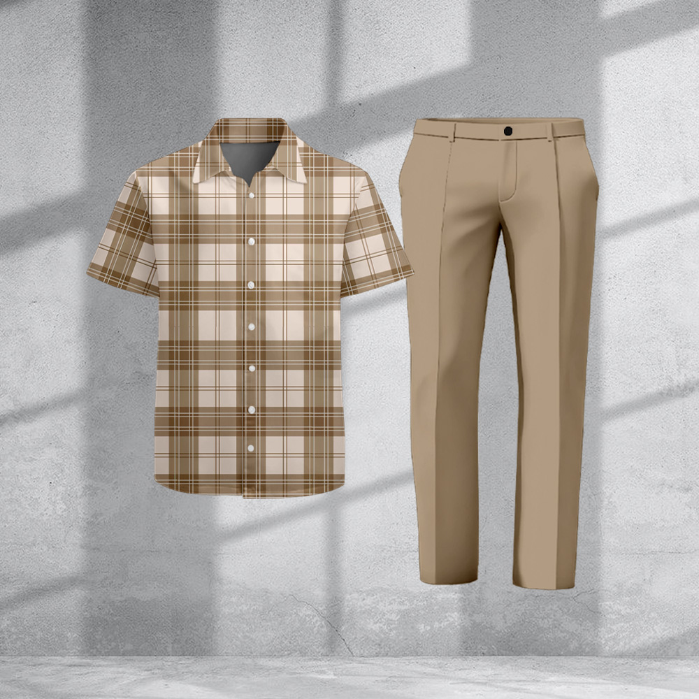 Men's Casual Plaid Print Short-Sleeve Shirt And Pants Two-Piece Set