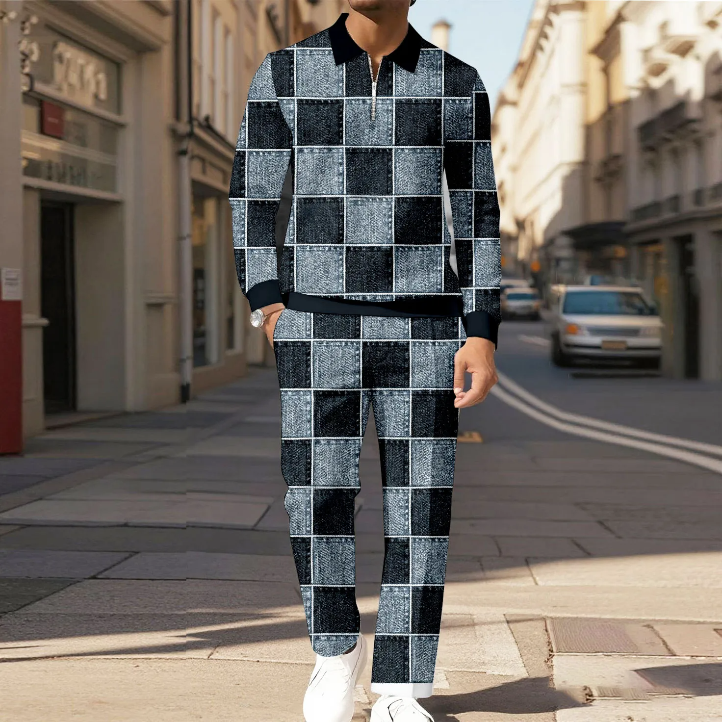 Men's Casual Color Matching Printed Polo-Collar Zipper Long Sleeved Trousers Two-Piece Set 9123