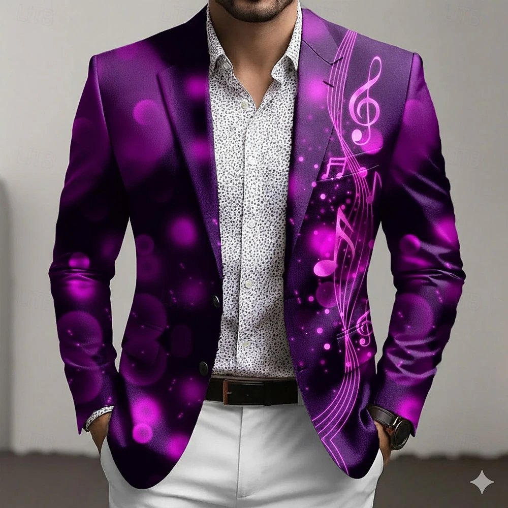 Men's Notes Blazer Jacket Coat Fashion Comfortable Breathable Artistic Casual Daily Party Evening Wear 3D Print Buttons Multi Pocket Fall & Winter Spring Notch Long Sleeve Blue Purple Brown