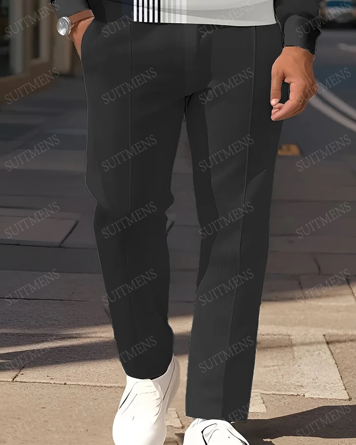 Men's Simple Stripe Khaki Black Contrast Color Block King Printed POLO Long-sleeved Trousers Two-piece Set