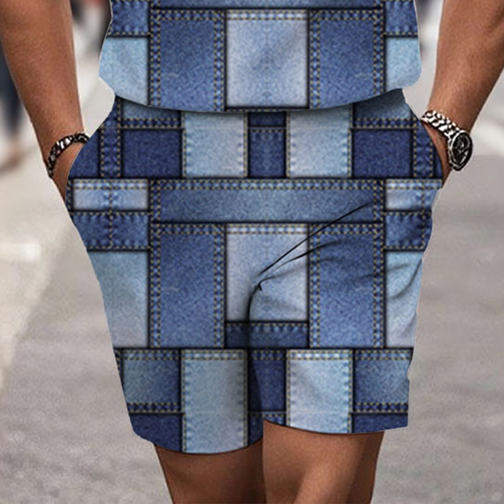 Men's Fashion Casual Round-Neck Geometric Printed Short-Sleeved Two-Piece Set