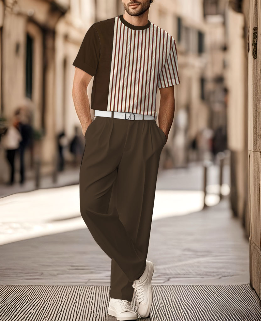 Men's Knitted Thread Flower Crew Neck Short Sleeve T-Shirt And Straight Leg Pants Set