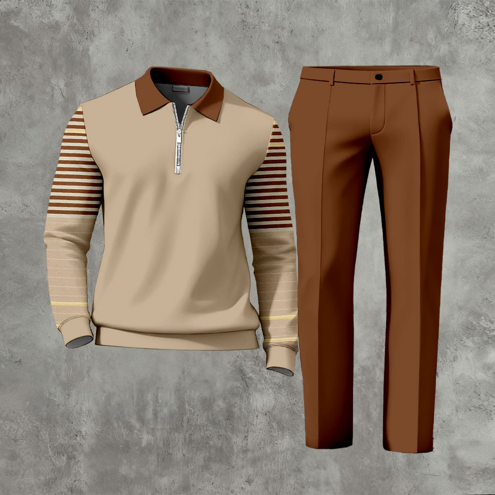 Men's Casual Striped Print Polo Collar Zipper Long Sleeve Pants Two-Piece Set 117
