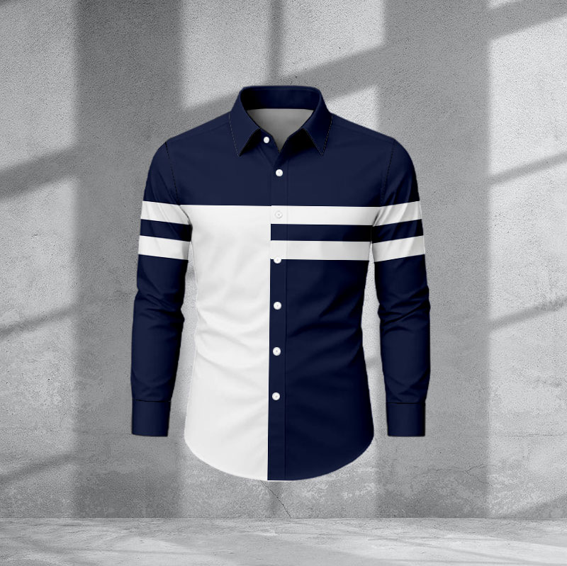 Men's Casual Navy Blue & White Color Matching Geometric Print Long-Sleeve Shirt