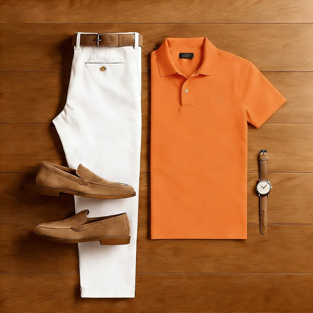 Men's Casual Orange & White Solid Color Matching Sport Short Sleeved Polo Shirt & Trousers Two-Piece Set