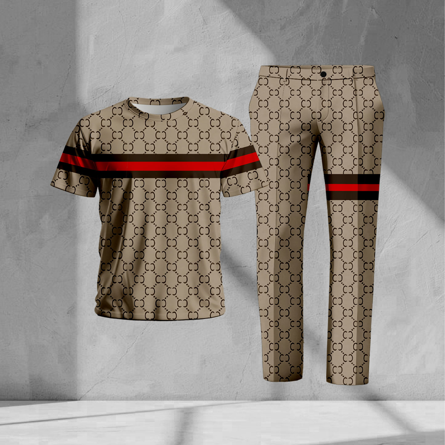 Men's Casual Tan Color Matching Vintage Printed Short Sleeved T-Shirt & Trousers Two-Piece Set