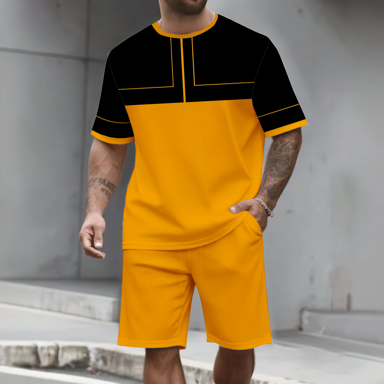 Men's Fashion Casual Color Matching Printed Short-Sleeved Two-Piece Set