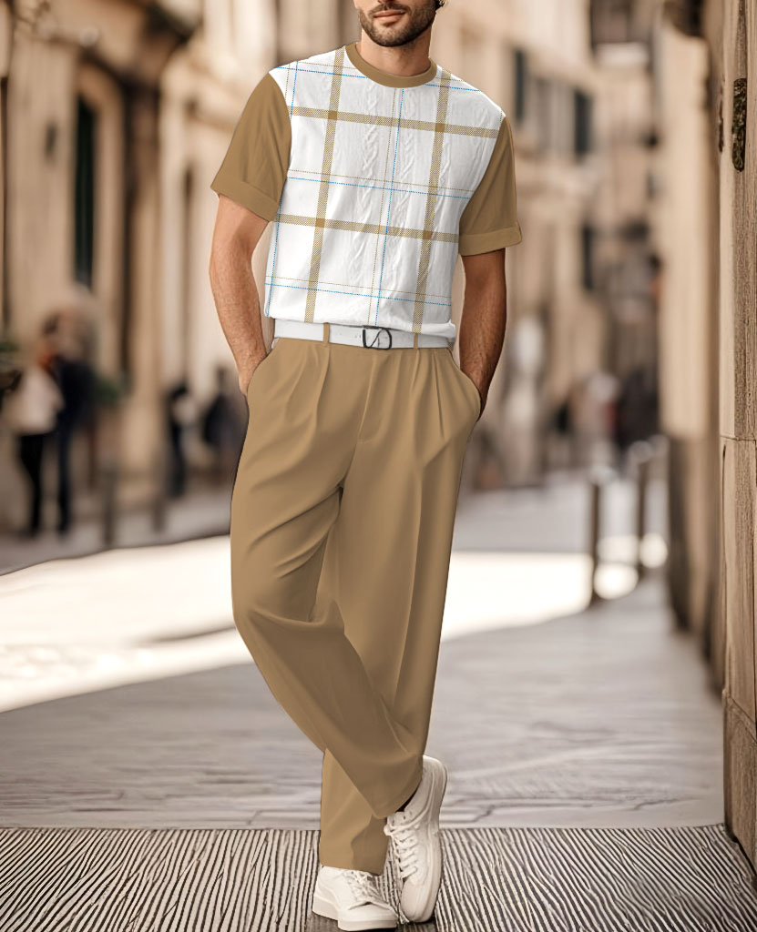 Men's Knitted Thread Flower Crew Neck Short Sleeve T-Shirt And Straight Leg Pants Set